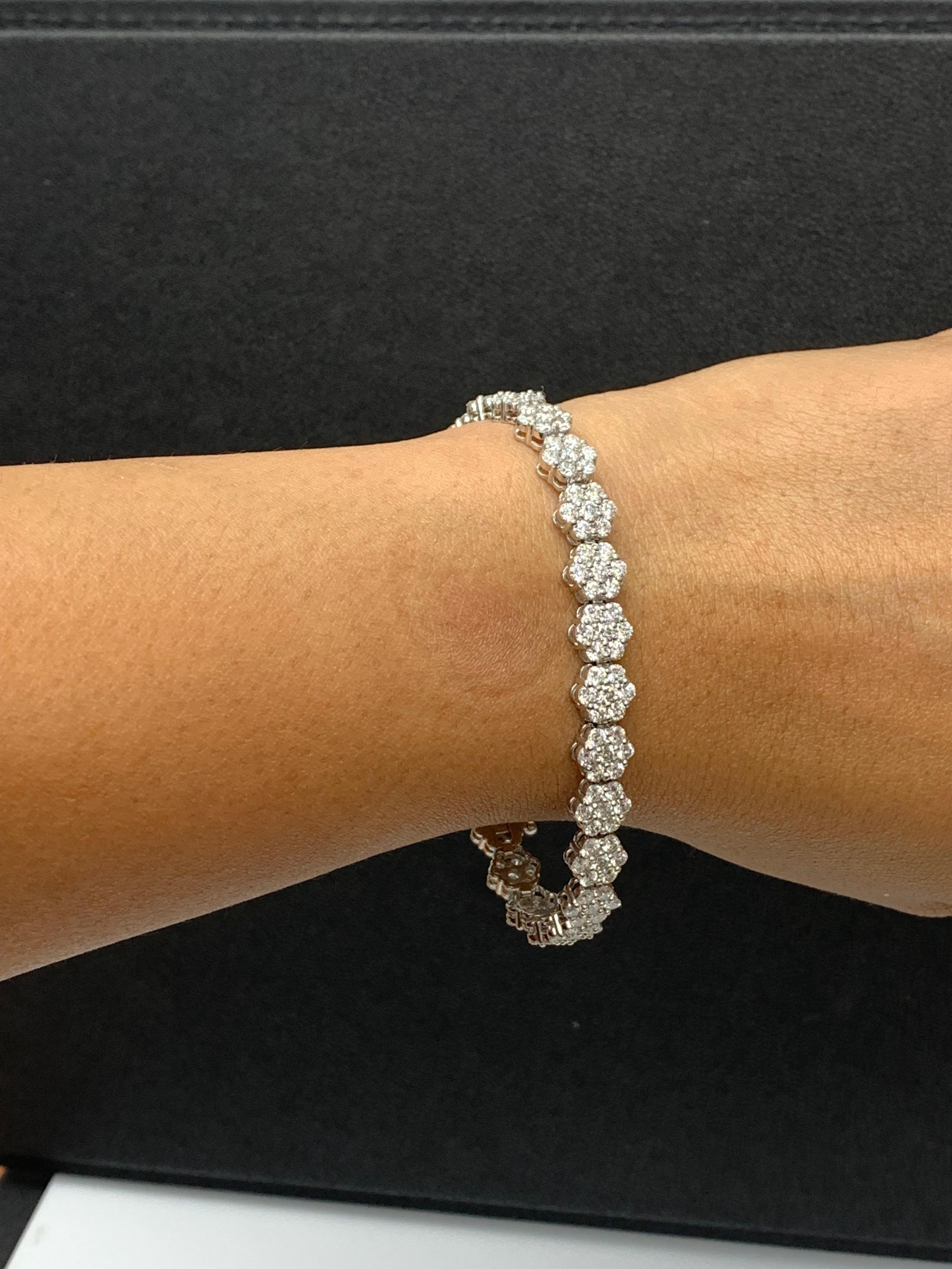 Women's 8.10 Carat Brilliant Cut Round Diamond Flower Bracelet in 14k White Gold For Sale