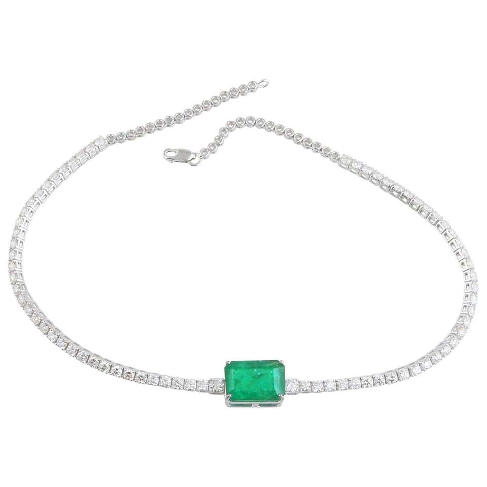 GIA Certified 18 Karat White Gold Emerald Cut Emerald and Diamond ...