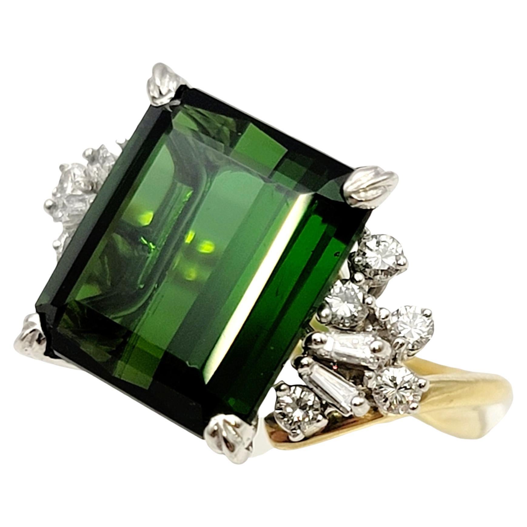 Contemporary 8.10 Carat Emerald Cut Green Tourmaline and Diamond Cocktail Ring 18 Karat Gold For Sale