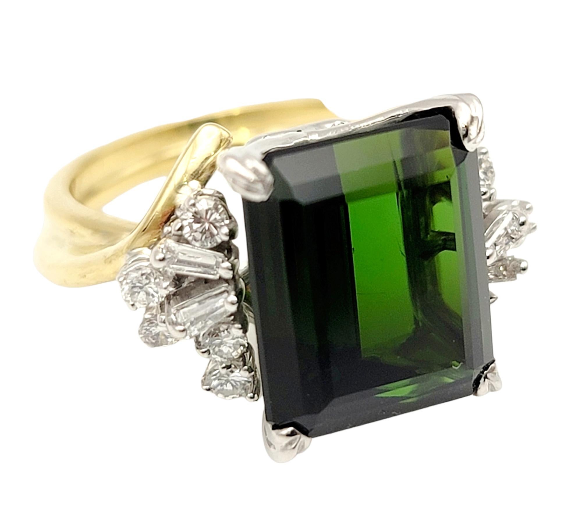 Women's 8.10 Carat Emerald Cut Green Tourmaline and Diamond Cocktail Ring 18 Karat Gold For Sale
