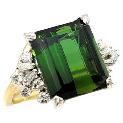 Retro 8.10 Carat Emerald Cut Green Tourmaline and Diamond Cocktail Ring 18 Karat Gold