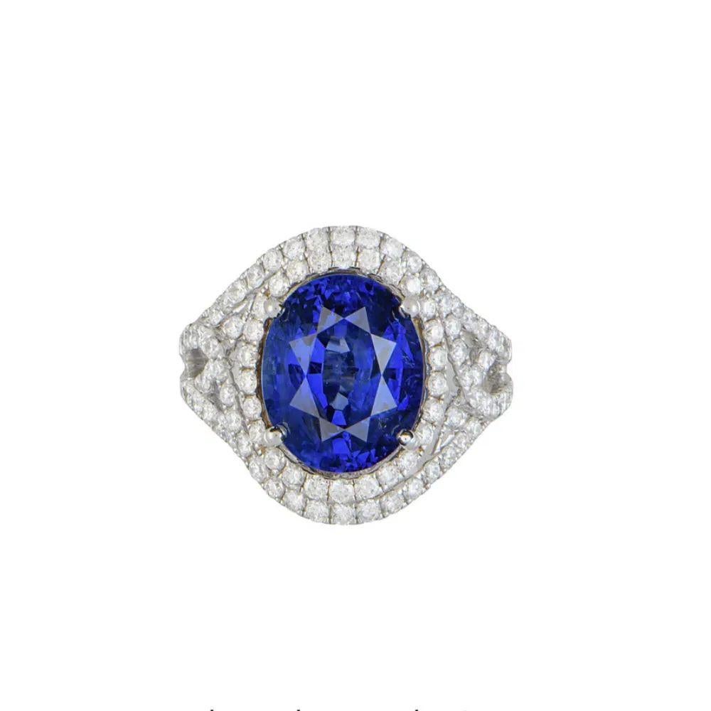 Taille mixte Bague vintage en or avec saphir ovale de 8,10 carats GIA et diamant RBC en vente