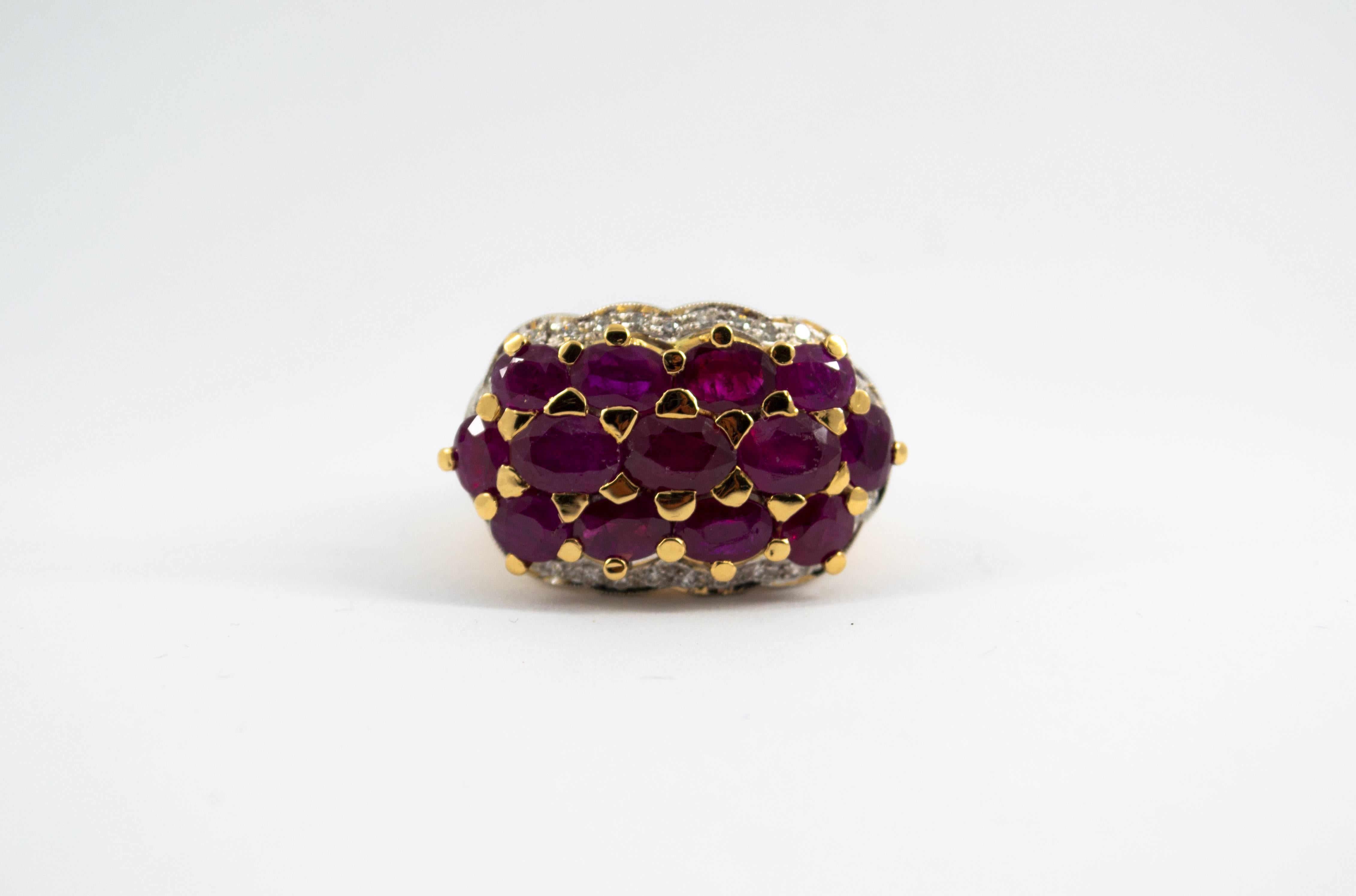 This Ring is made of 18K Yellow Gold.
This Ring has 0.50 Carats of Diamonds.
This Ring has 8.10 Carats of Rubies.
Size ITA: 19 USA: 8 1/2
We're a workshop so every piece is handmade, customizable and resizable.