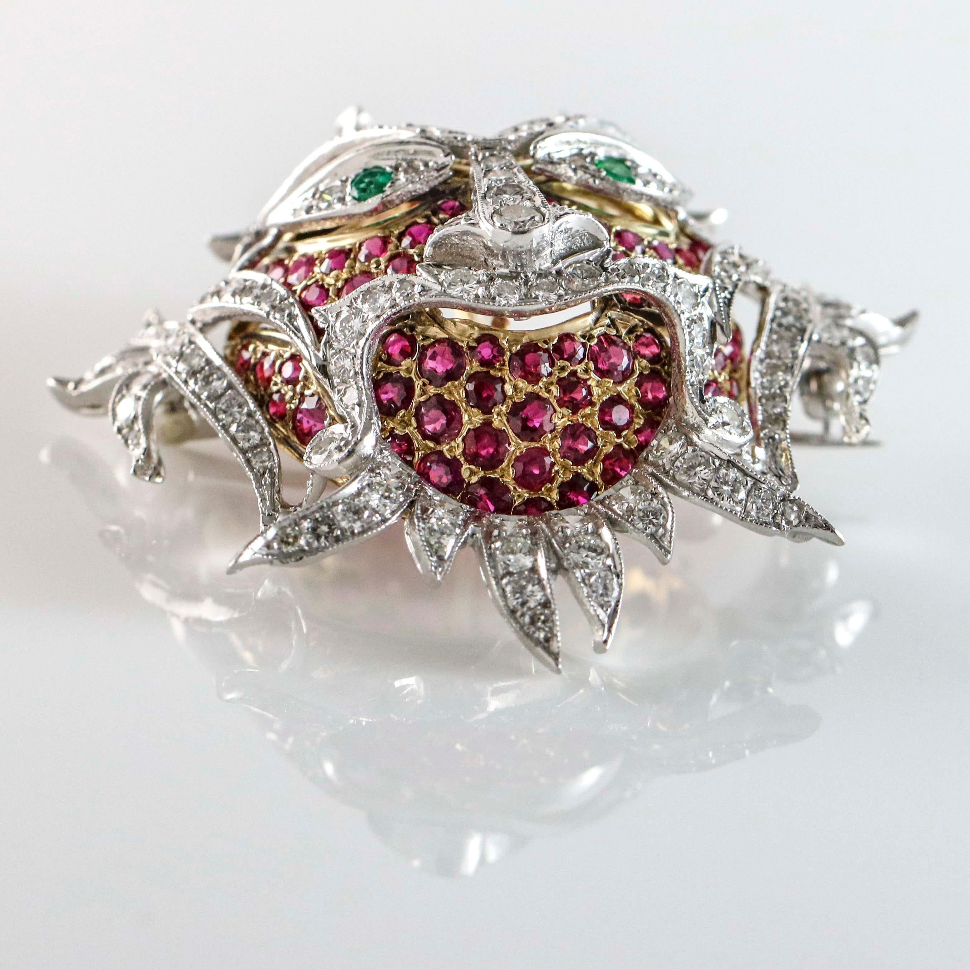 Round Cut 8.10 Carat Ruby, Emerald and Diamond 18 Karat Gold Carnival Ornate Mask Brooch For Sale