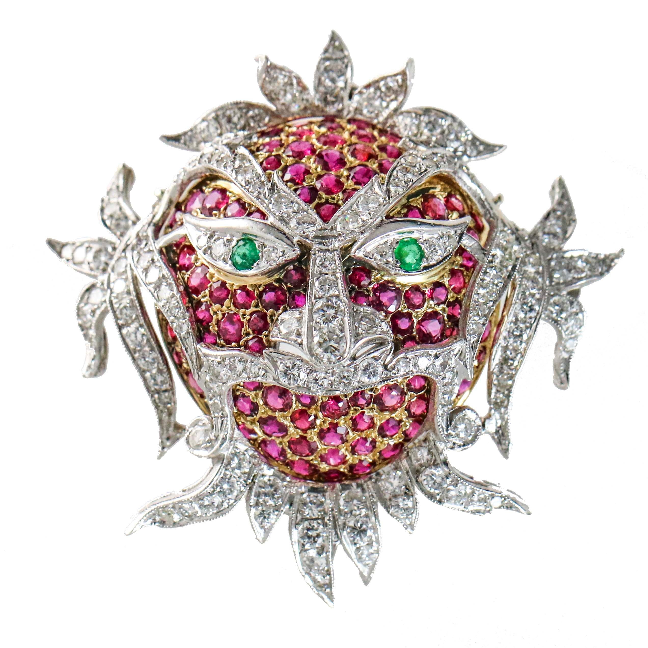 8.10 Carat Ruby, Emerald and Diamond 18 Karat Gold Carnival Ornate Mask Brooch For Sale