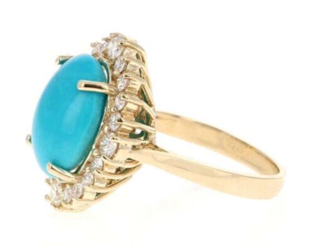 Mixed Cut 8.10 Carats Impressive Natural Turquoise and Diamond 14K Yellow Gold Ring For Sale