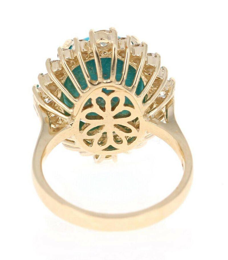 8.10 Carats Impressive Natural Turquoise and Diamond 14K Yellow Gold Ring In New Condition For Sale In Los Angeles, CA
