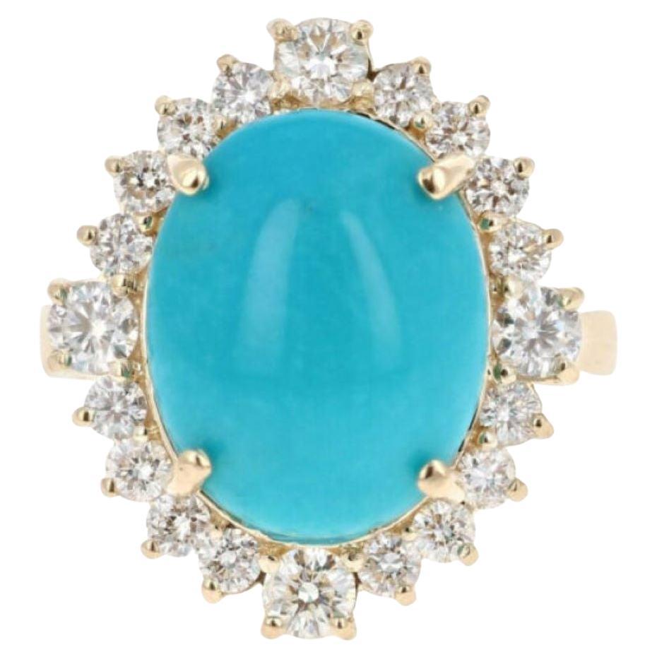 8.10 Carats Impressive Natural Turquoise and Diamond 14K Yellow Gold Ring For Sale