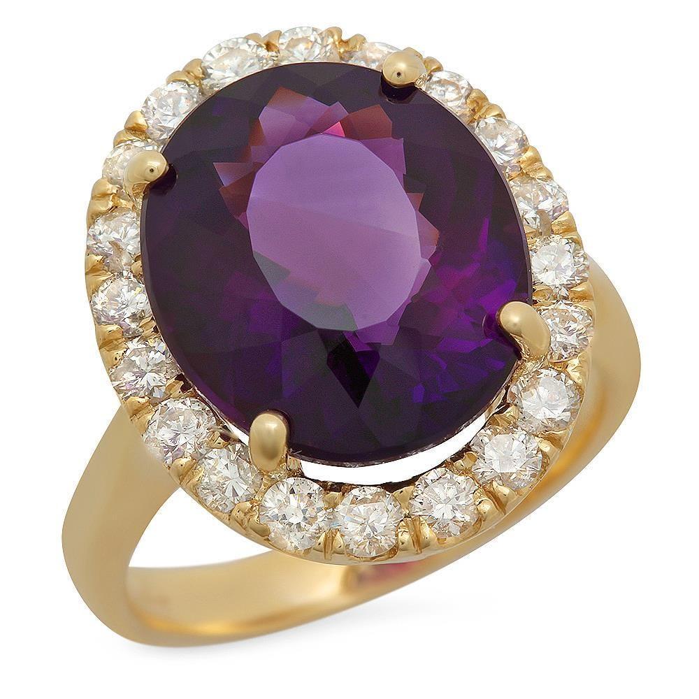 Mixed Cut 8.10 Carats Natural Amethyst and Diamond 14K Solid Yellow Gold Ring For Sale