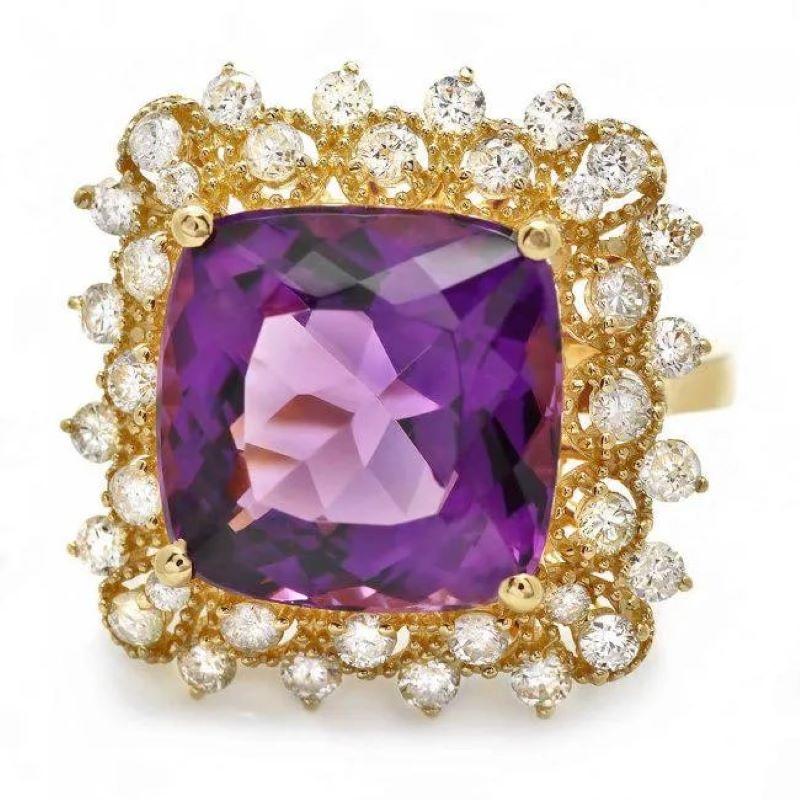 8.10 Carats Natural  Impressive Amethyst and Diamond 14K Yellow Gold Ring

Total Natural Amethyst Weight: Approx. 7.20 Carats

Amethyst Measures: Approx. 12 x 12 mm

Natural Round Diamonds Weight: Approx. 0.90 Carats (color G-H / Clarity