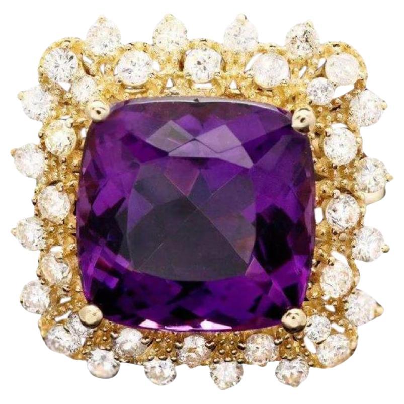 8.10 Carats Natural Impressive Amethyst and Diamond 14K Yellow Gold Ring For Sale
