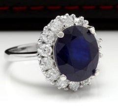 8.10 Ct Exquisite Natural Blue Sapphire and Diamond 14K Solid White Gold Ring