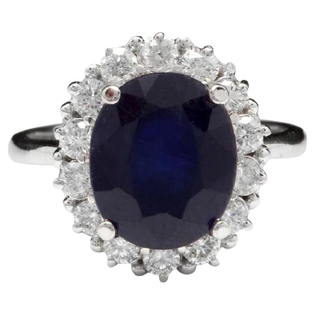 8.10 Ct Exquisite Natural Blue Sapphire and Diamond 14K Solid White Gold Ring For Sale