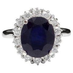 8.10 Ct Exquisite Natural Blue Sapphire and Diamond 14K Solid White Gold Ring