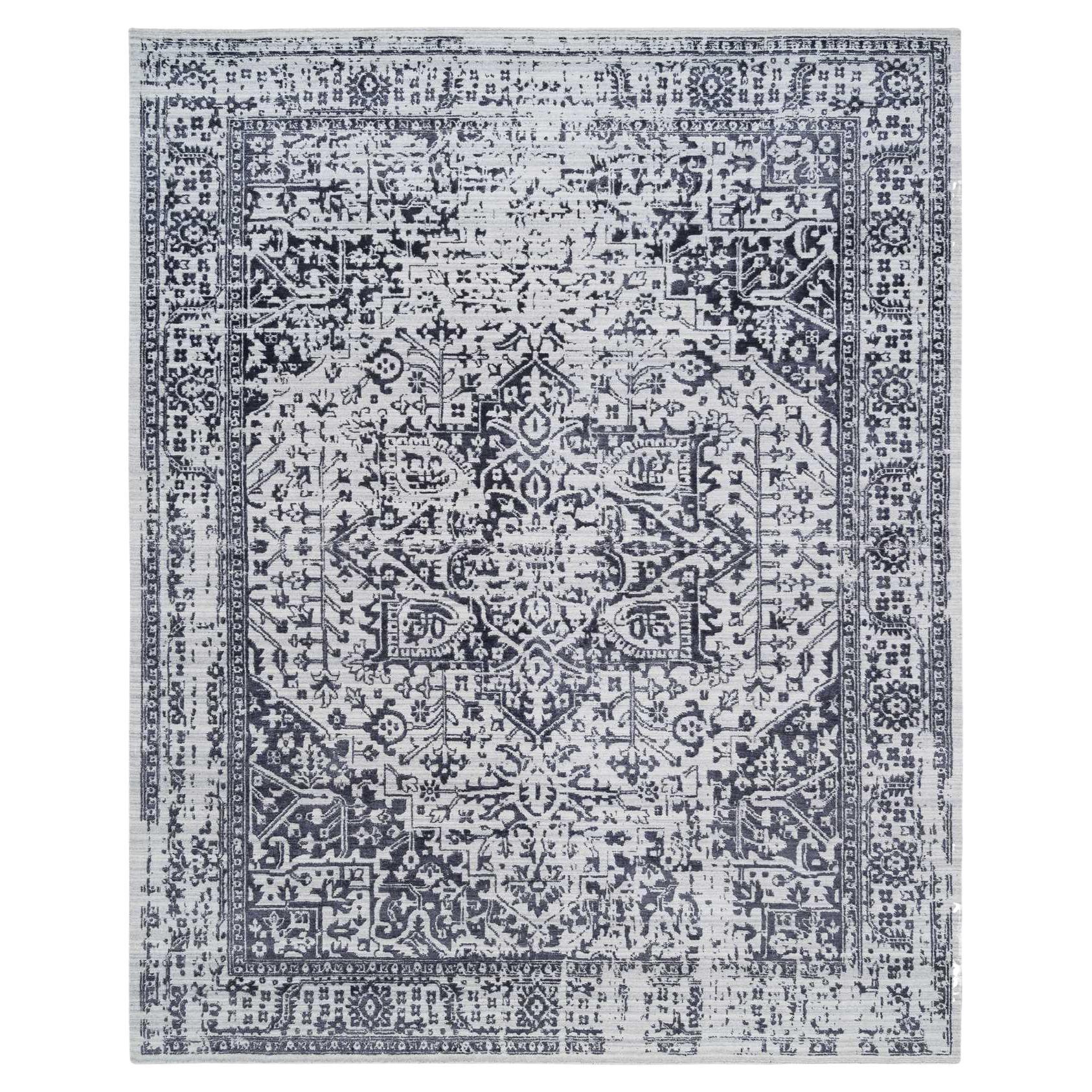 8'10"x11'10" Black, Erased Serapi Heriz Design, Wool and Silk, Hand Loomed, Rug