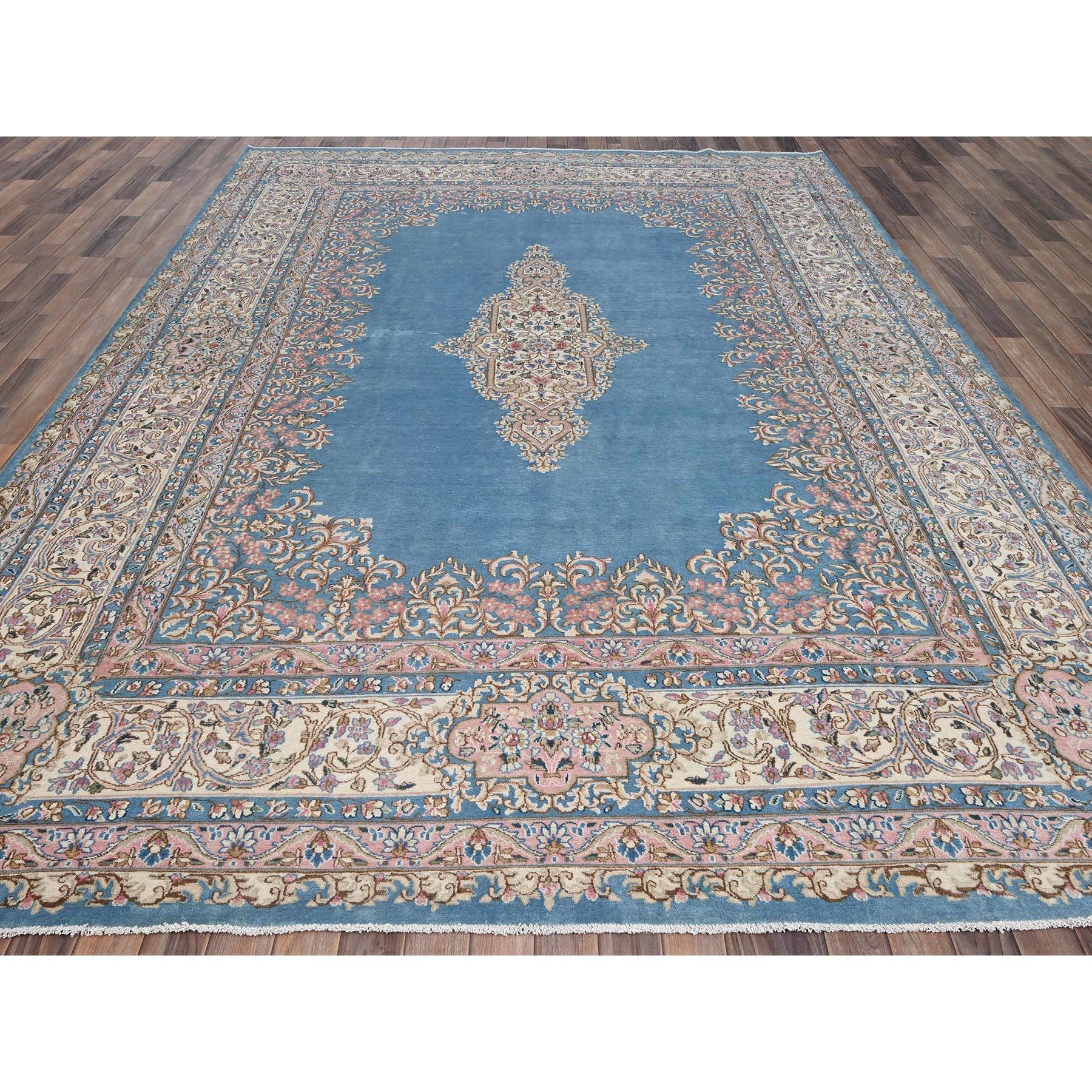 Maui Blue, Vintage Persian Kerman, Good Condition, Clean and Soft, Full Pile, 100% Wool, Hand Knotted, Oriental Rug
Primary materials: Wool
Latex: No Pile 
height: 0.25 Inches
Style: Traditional
Primary color: Blue
Secondary colors: Brown, Pink,