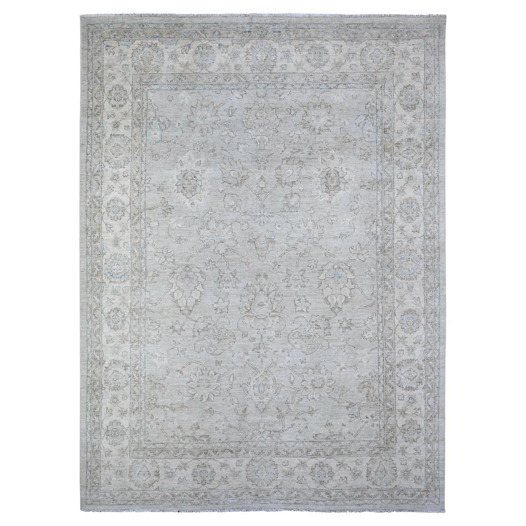 8'10"x11'10" Gray Hand Knotted Wool White Wash Peshawar Faded Flower Design Rug
