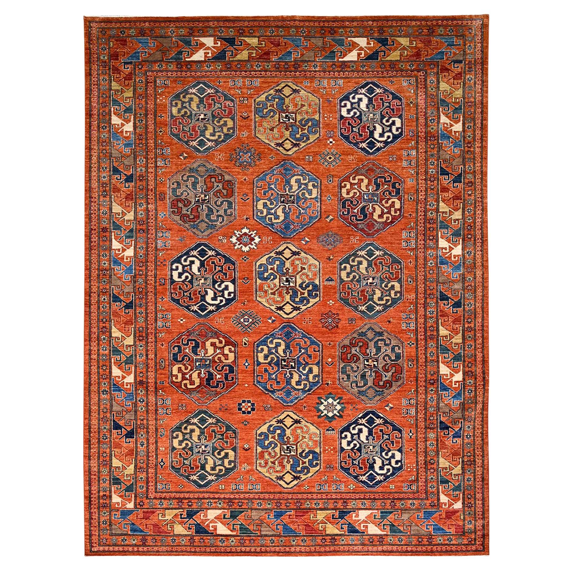 8'10"x11'10" Orange Super Kazak Geometric Pattern Wool Hand Knotted Oriental Rug