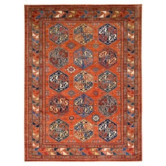 8'10 "x11'10" Alfombra oriental anudada a mano de lana con motivos geométricos Super Kazak naranja