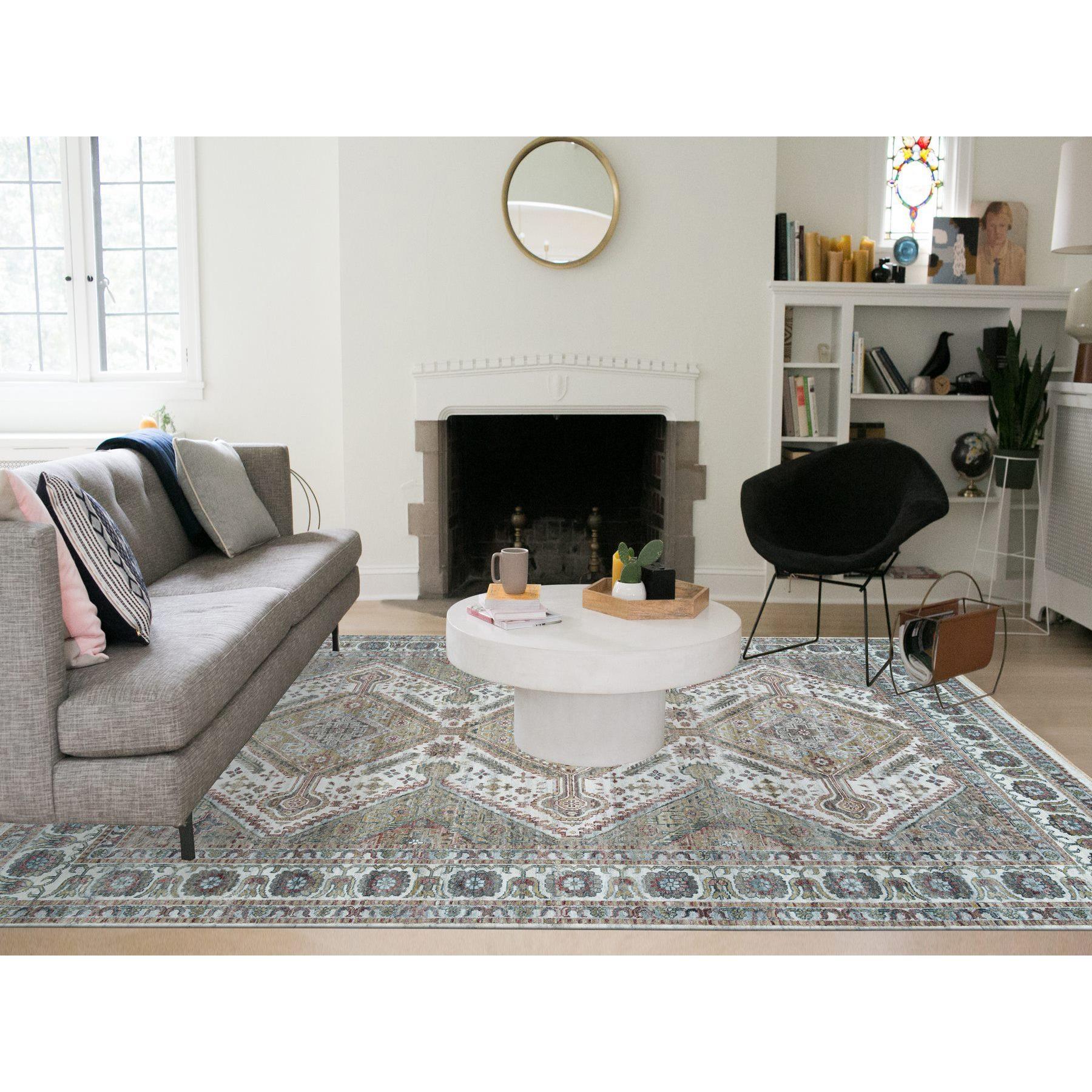 This is a truly genuine one-of-a-kind Hand Knotted Shiraz Reimagined Unique Flower Rosettes Border Design, Oriental Rug. It has been Knotted for months and months in the centuries-old weaving craftsmanship techniques by expert artisans. Primary