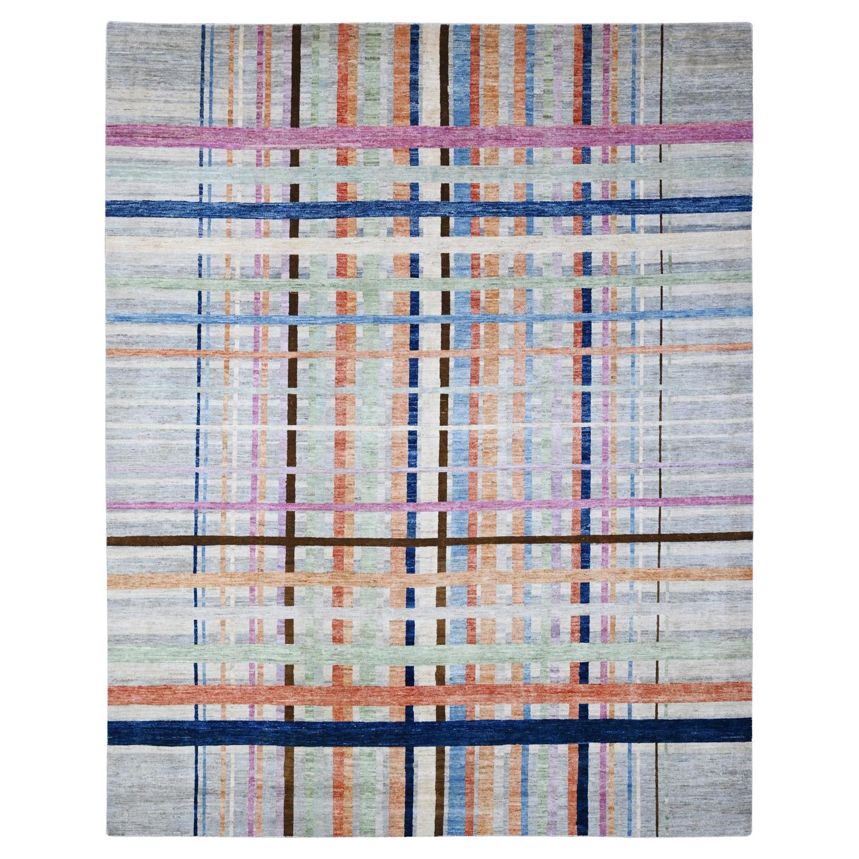 8'10 "x11'4" Grau Bauhaus inspiriert Criss Cross buntes Design Orientteppich
