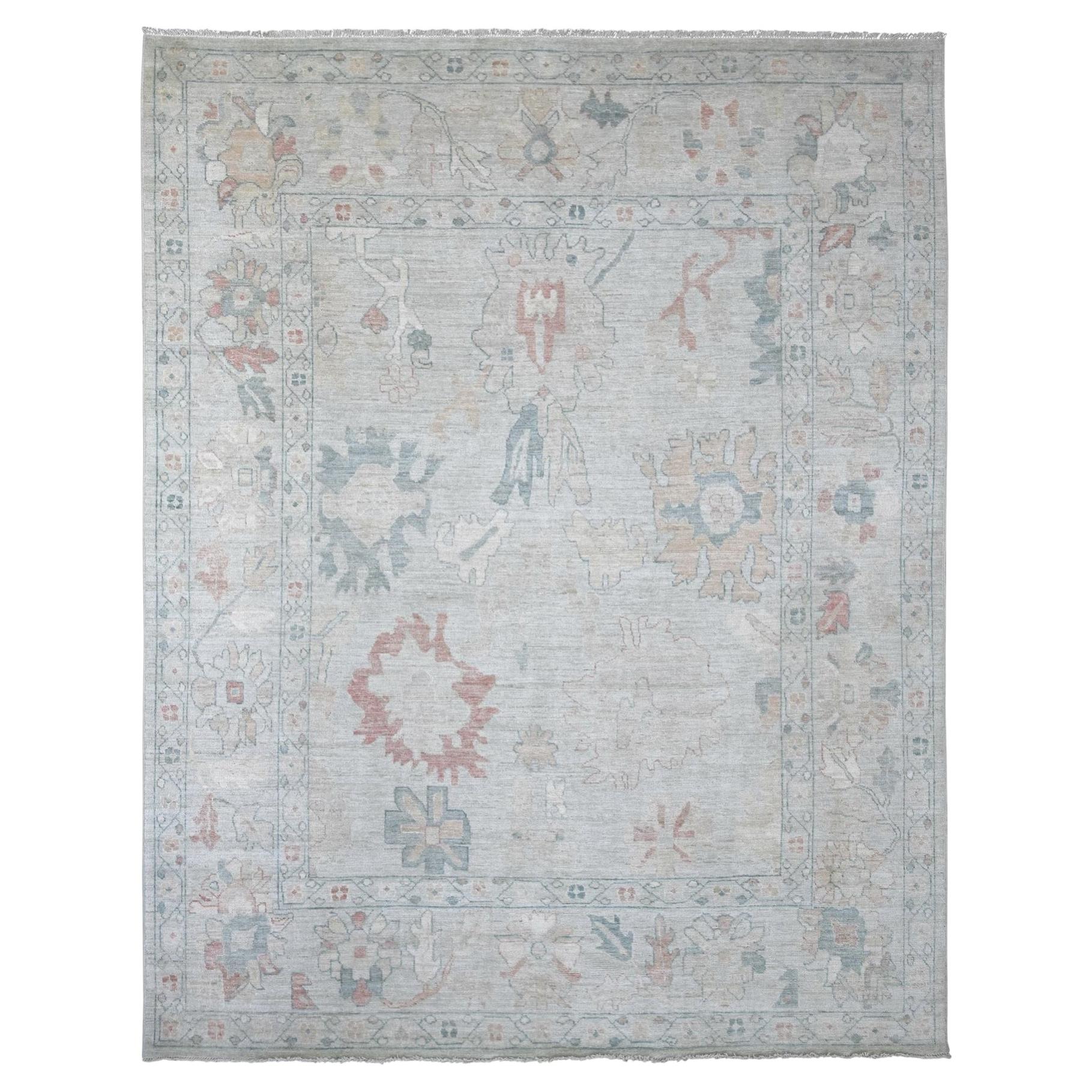 8'10 "x11'5" Beau Blue Tappeto orientale in lana annodato a mano in angora Oushak con design a foglie