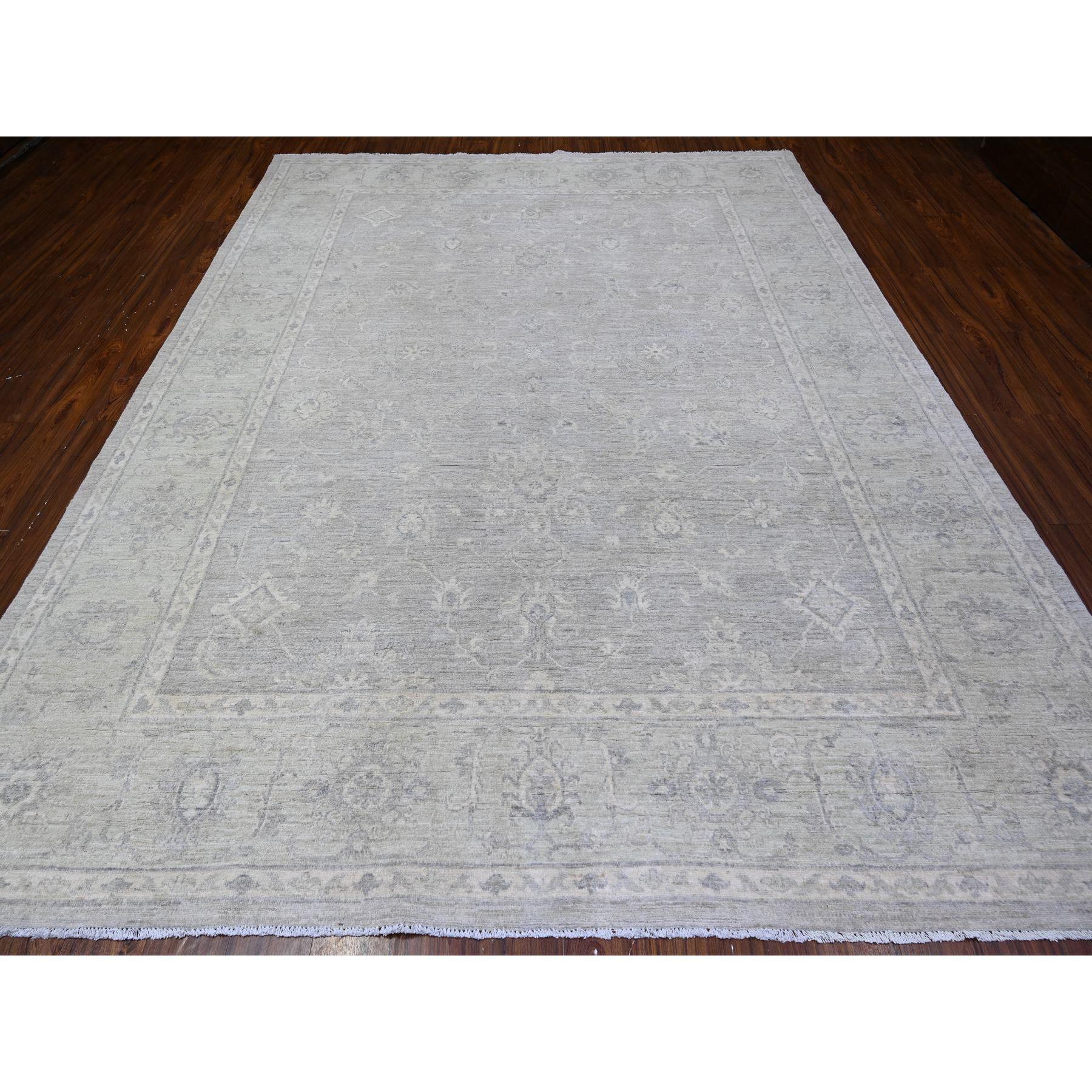 Goose Gray, Hand Knotted, Vegetable Dyes, 100% Wool, White Wash Peshawar, Oriental Rug
Primary materials: Wool
Latex: No Pile 
height: 0.25 Inches
Style: Transitional
Primary color: Grey
Secondary colors: None
Pattern: Oriental