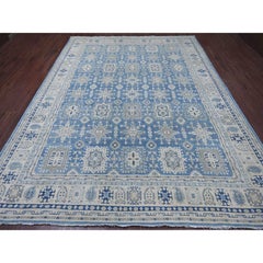 8'10"x11'6" Blue Vintage Look Kazak Geometric Design Hand Knotted Pure Wool Rug