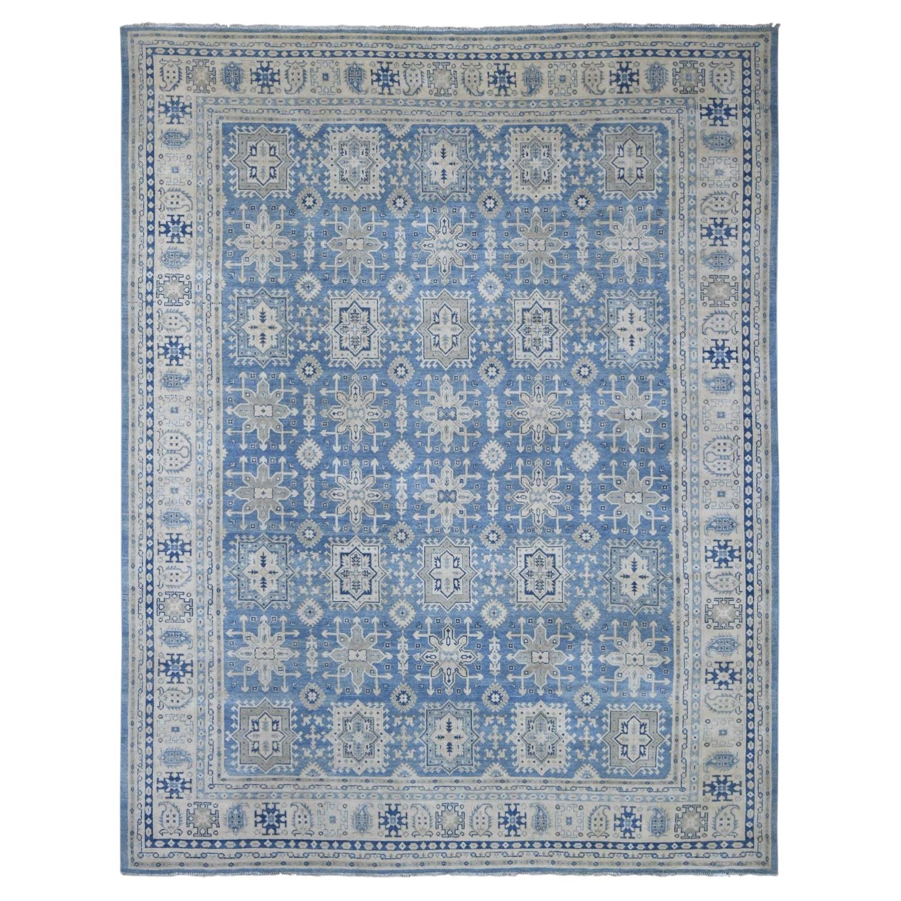 8'10"x11'6" Blue Vintage Look Kazak Geometric Design Hand Knotted Pure Wool Rug