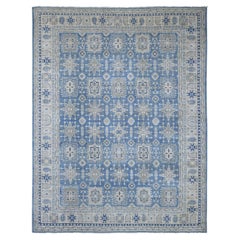 8'10"x11'6" Blue Vintage Look Kazak Geometric Design Hand Knotted Pure Wool Rug