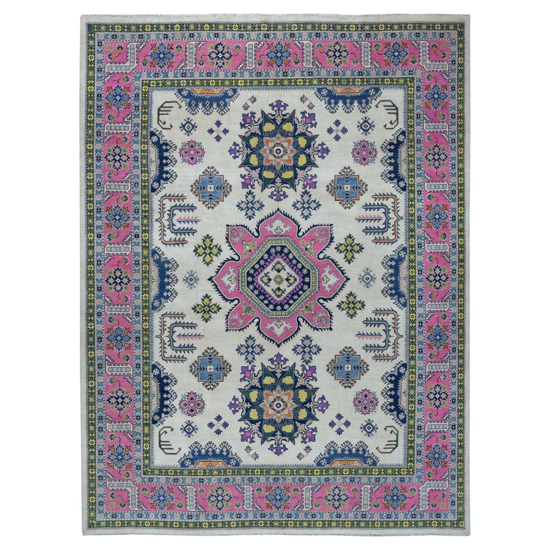 8'10"x11'6" Colorful Ivory Fusion Kazak Natural Wool Hand Knotted Oriental Rug