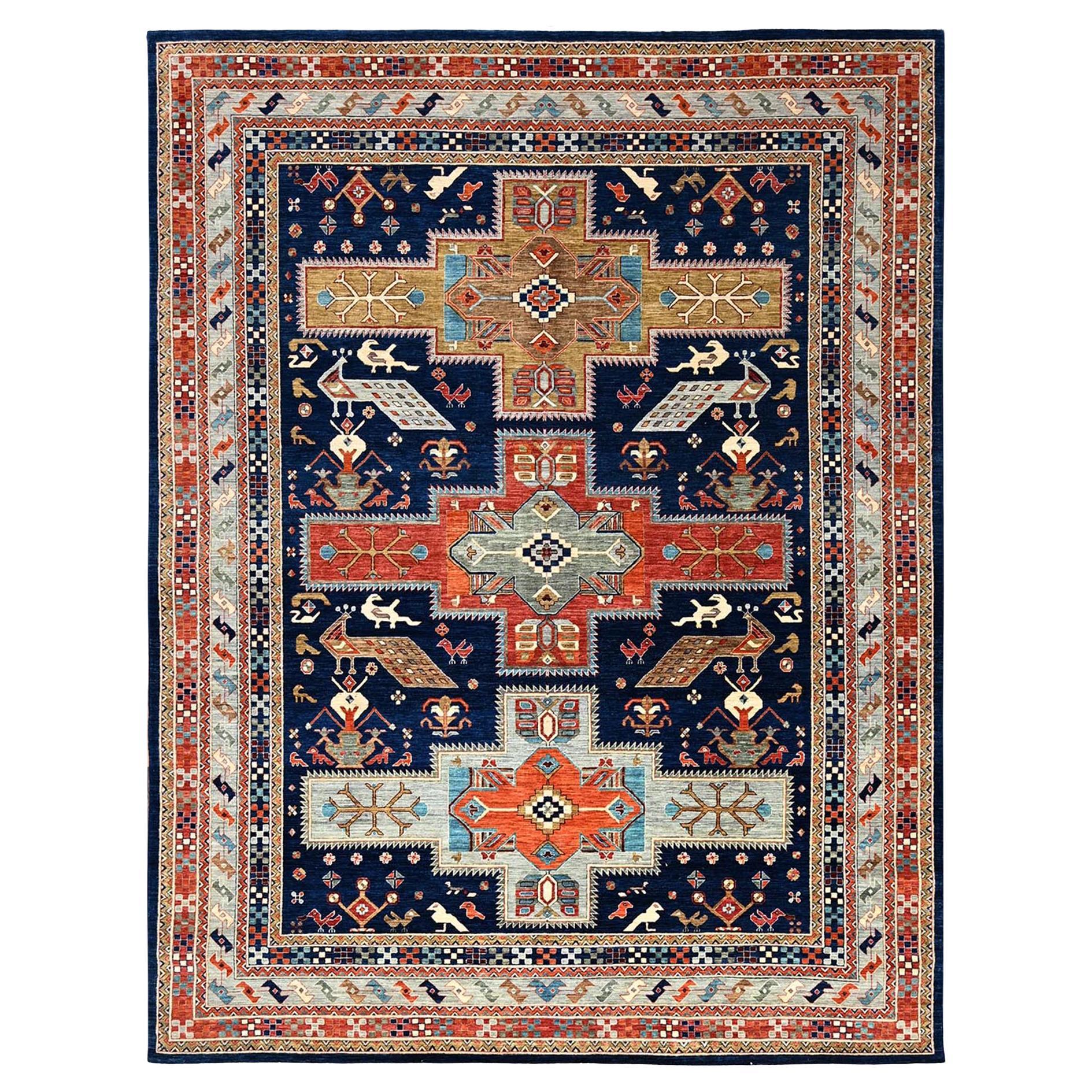 8'10"x11'6" Yale Blauer, armenisch inspirierter, handgeknüpfter Wollteppich im kaukasischen Design