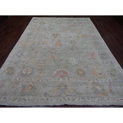 8'10"x11'7" Misty Gray Hand Knotted Afghan Angora Oushak Leaf Design Wool Rug
