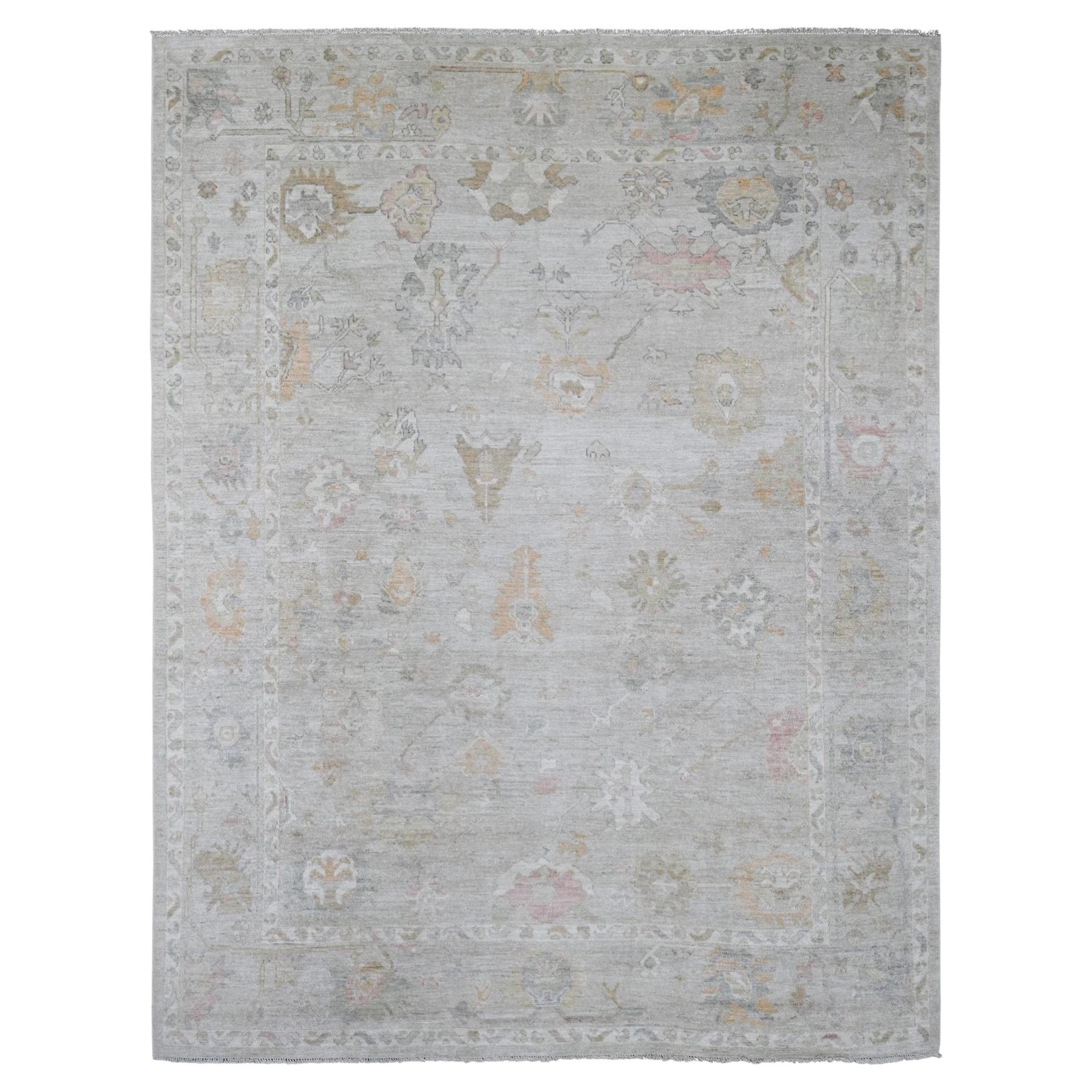 8'10"x11'7" Misty Gray Hand Knotted Afghan Angora Oushak Leaf Design Wool Rug