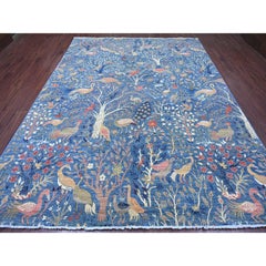 8'10 "x11'8" Blauer handgeknüpfter Peshawar Paradiesvogel-Design-Teppich aus weicher Wolle
