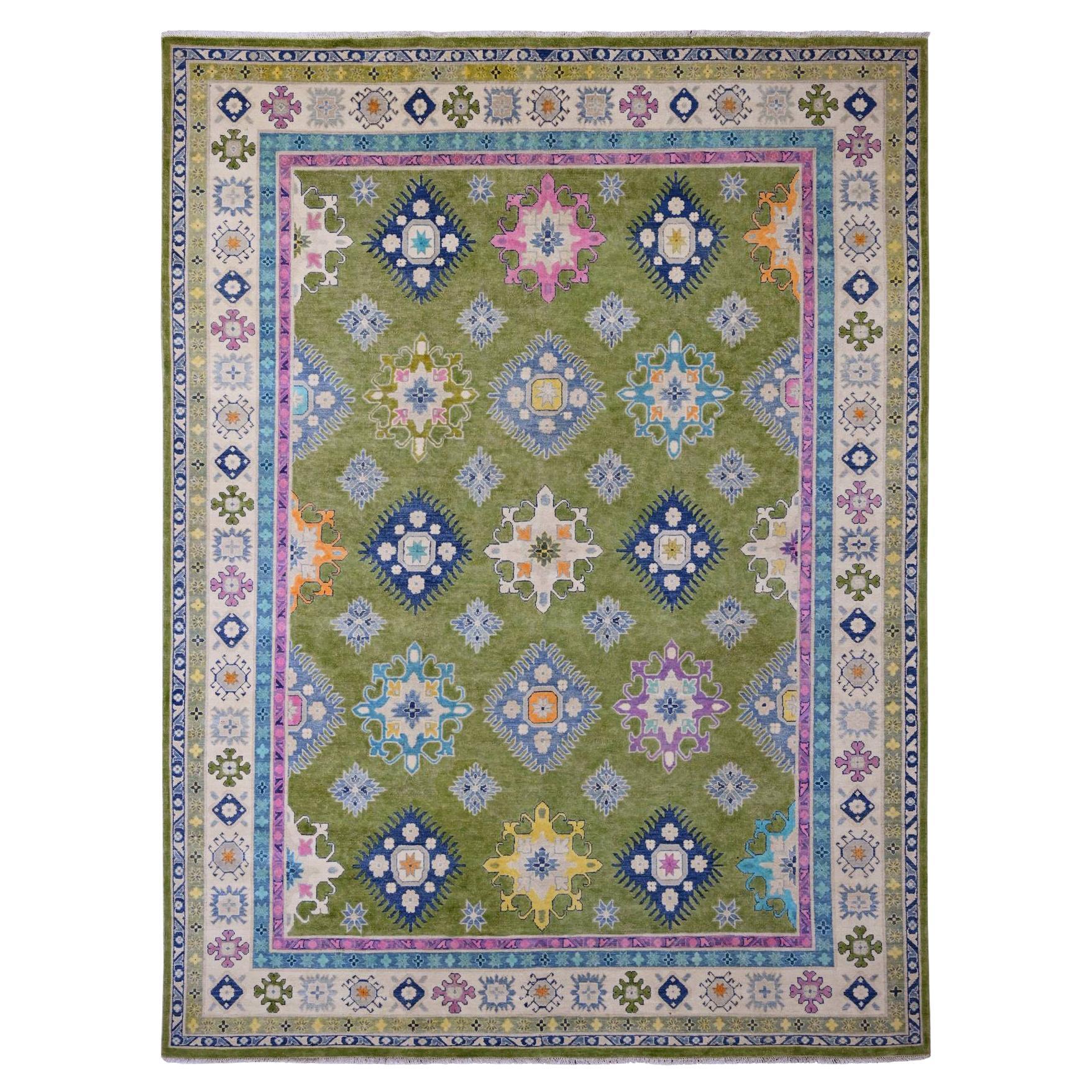 8'10"x11'8" Green Colorful Fusion Kazak Caucasian Design Hand Knotted Wool Rug