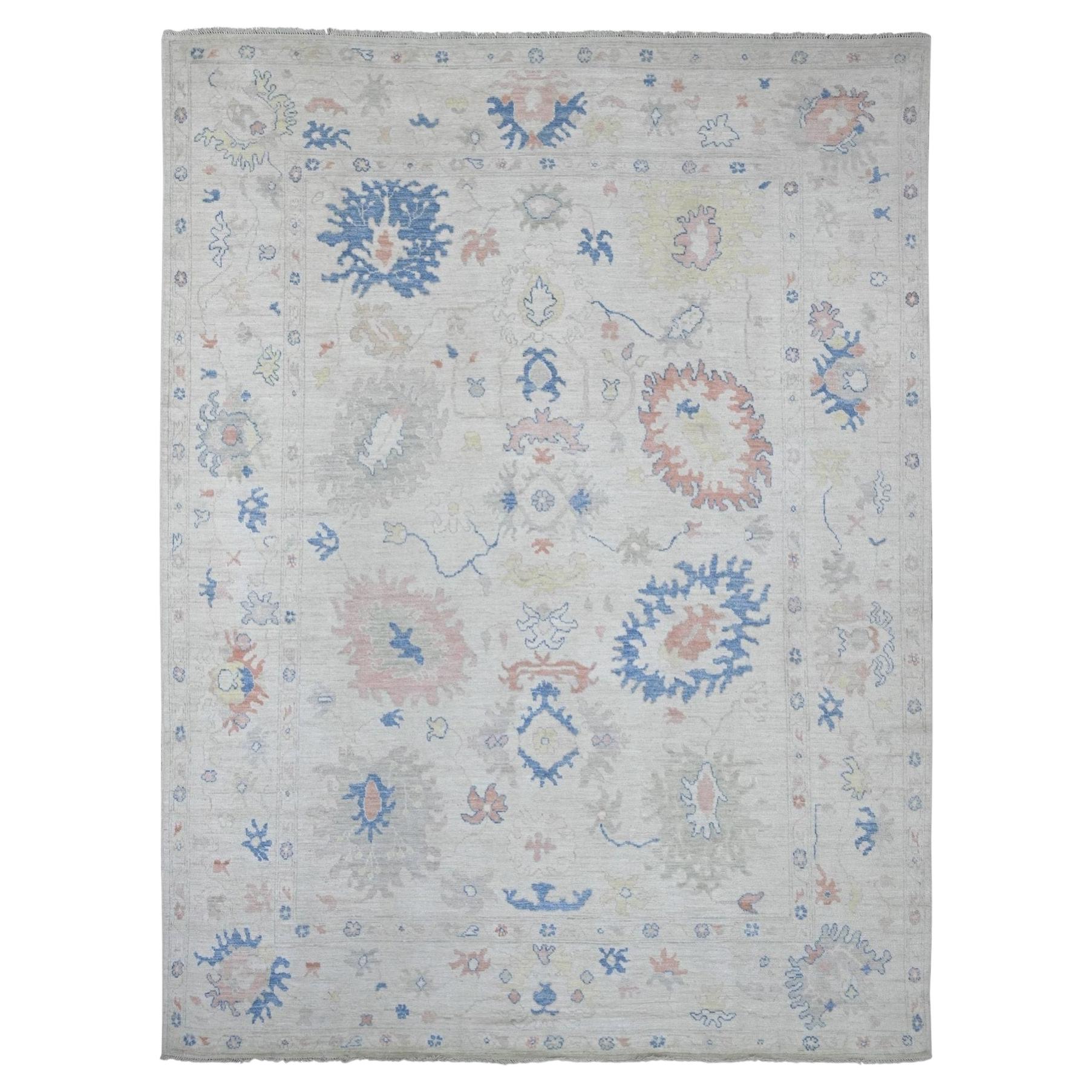 8'10"x11'8" Light Gray Afghan Angora Oushak Leaf Design Hand Knotted Wool Rug