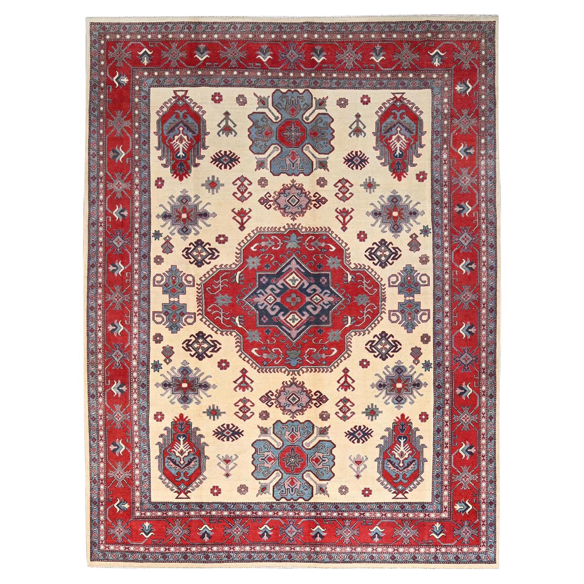 8'10"x11'8" White Hand Knotted Densely Woven Wool Kazak Oriental Rug