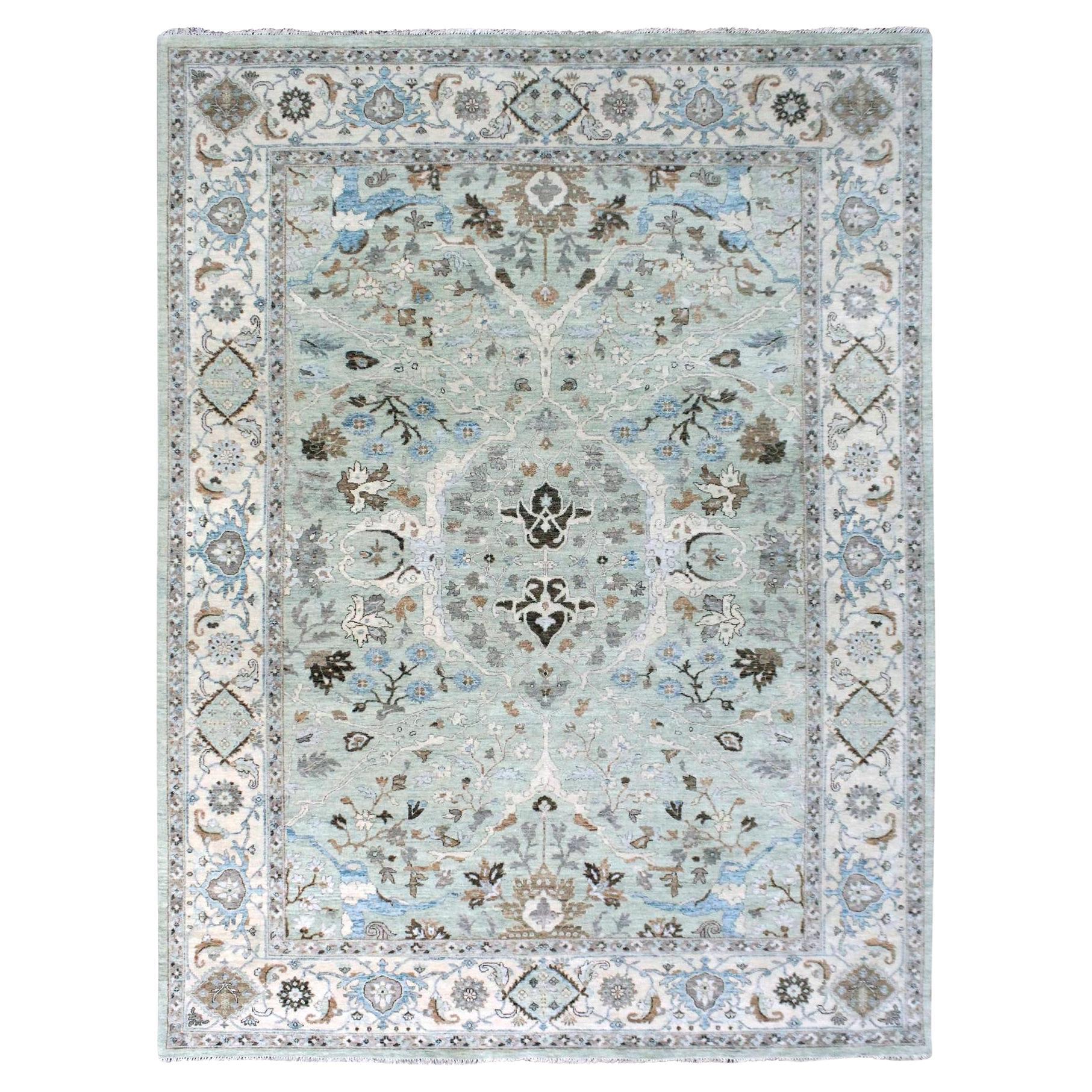 8'10"x11'9" Beau Blue Hand Knotted Soft Pile Oushak with Floral Motifs Wool Rug