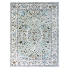 8'10"x11'9" Beau Blue Hand Knotted Soft Pile Oushak with Floral Motifs Wool Rug
