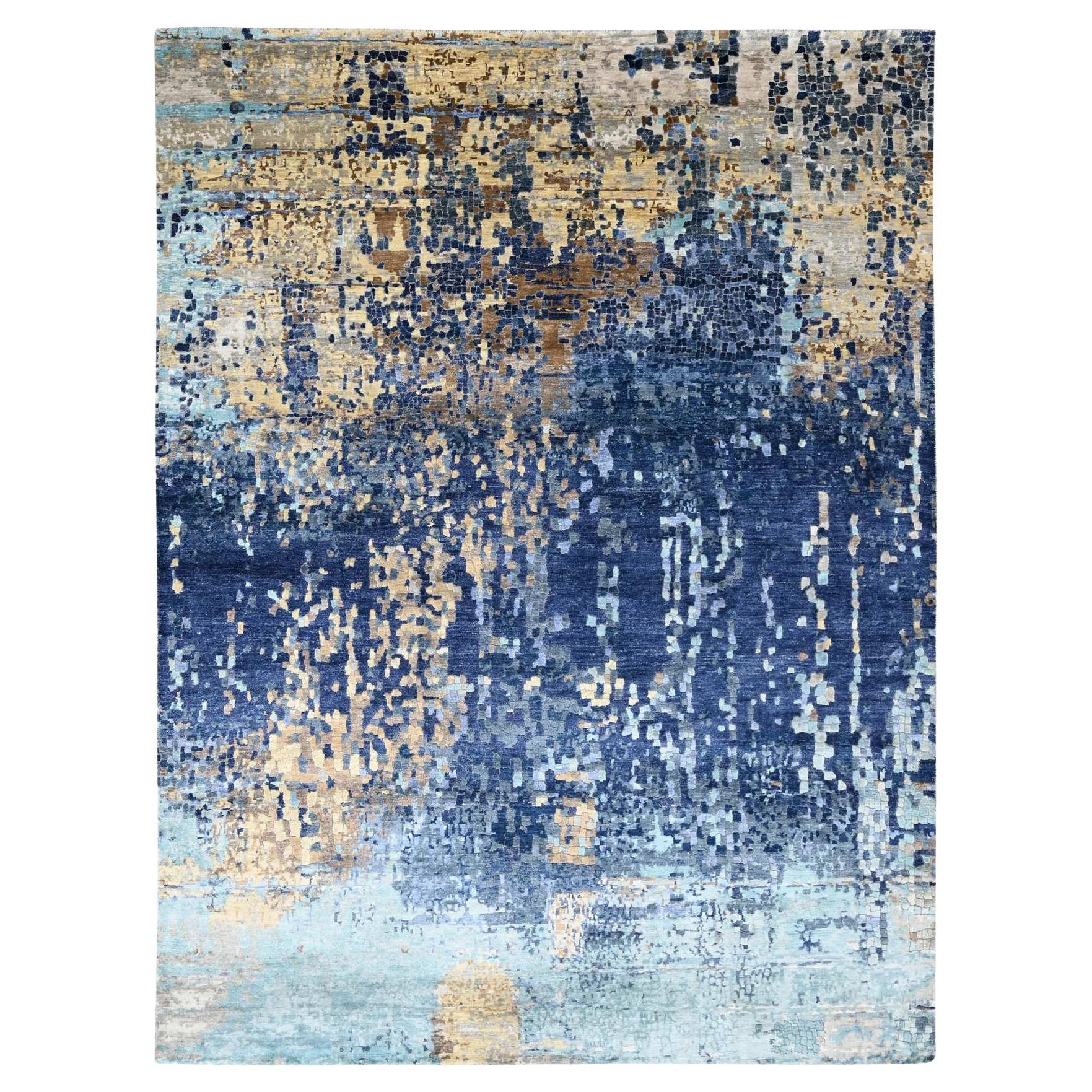 8'10"x11'9" Moïque moderne bleue de laine et de soie nouées à la main