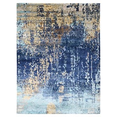 8'10"x11'9" Moïque moderne bleue de laine et de soie nouées à la main