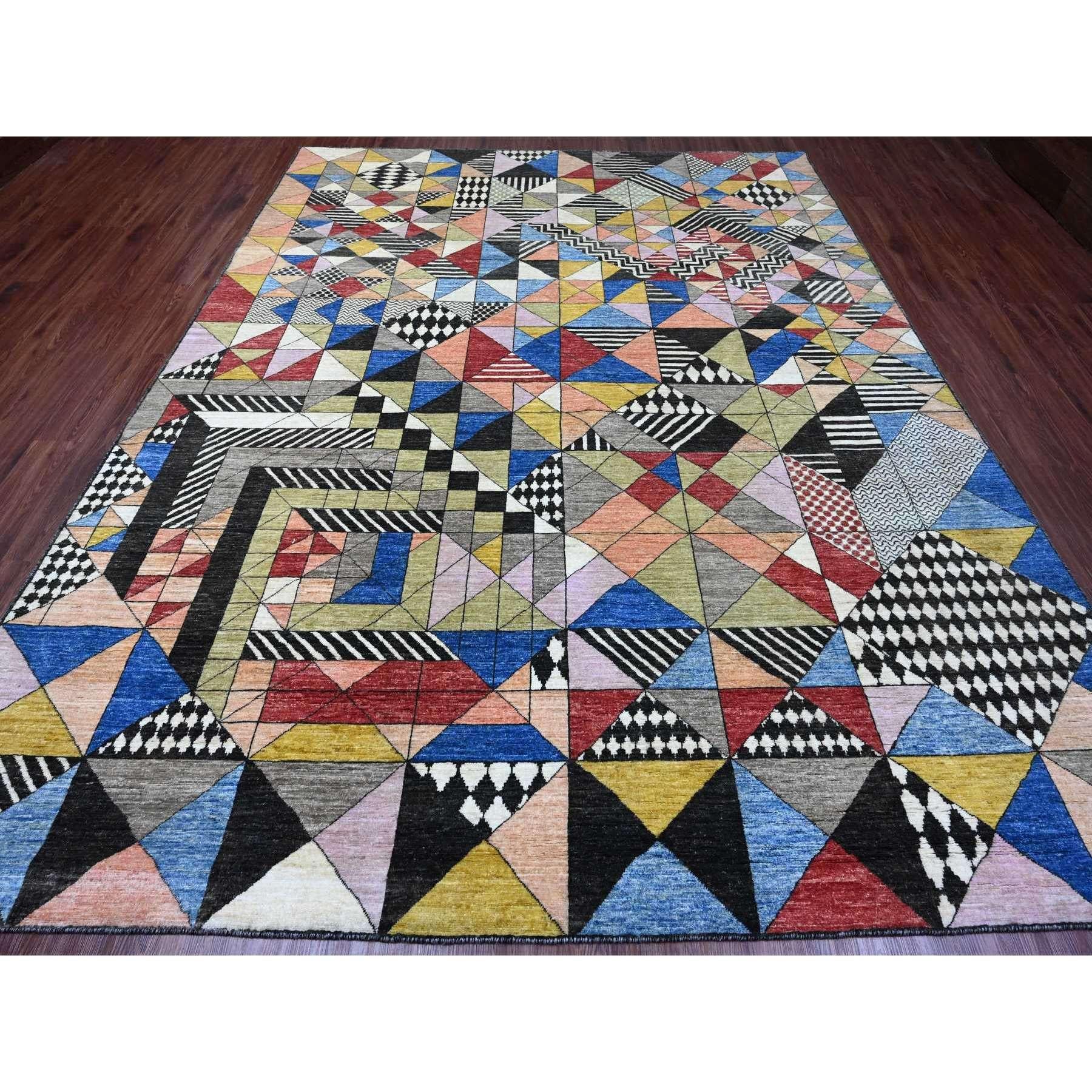 Charcoal Black, Bauhaus Inspired Design, Colorful Geometric Pattern, Arts and Crafts, Hand Knotted, 100% Wool, Oriental Rug
Primary materials: Wool
Latex: No Pile 
height: 0.25 Inches
Style: Traditional
Primary color: Multi
Secondary colors: Yellow,