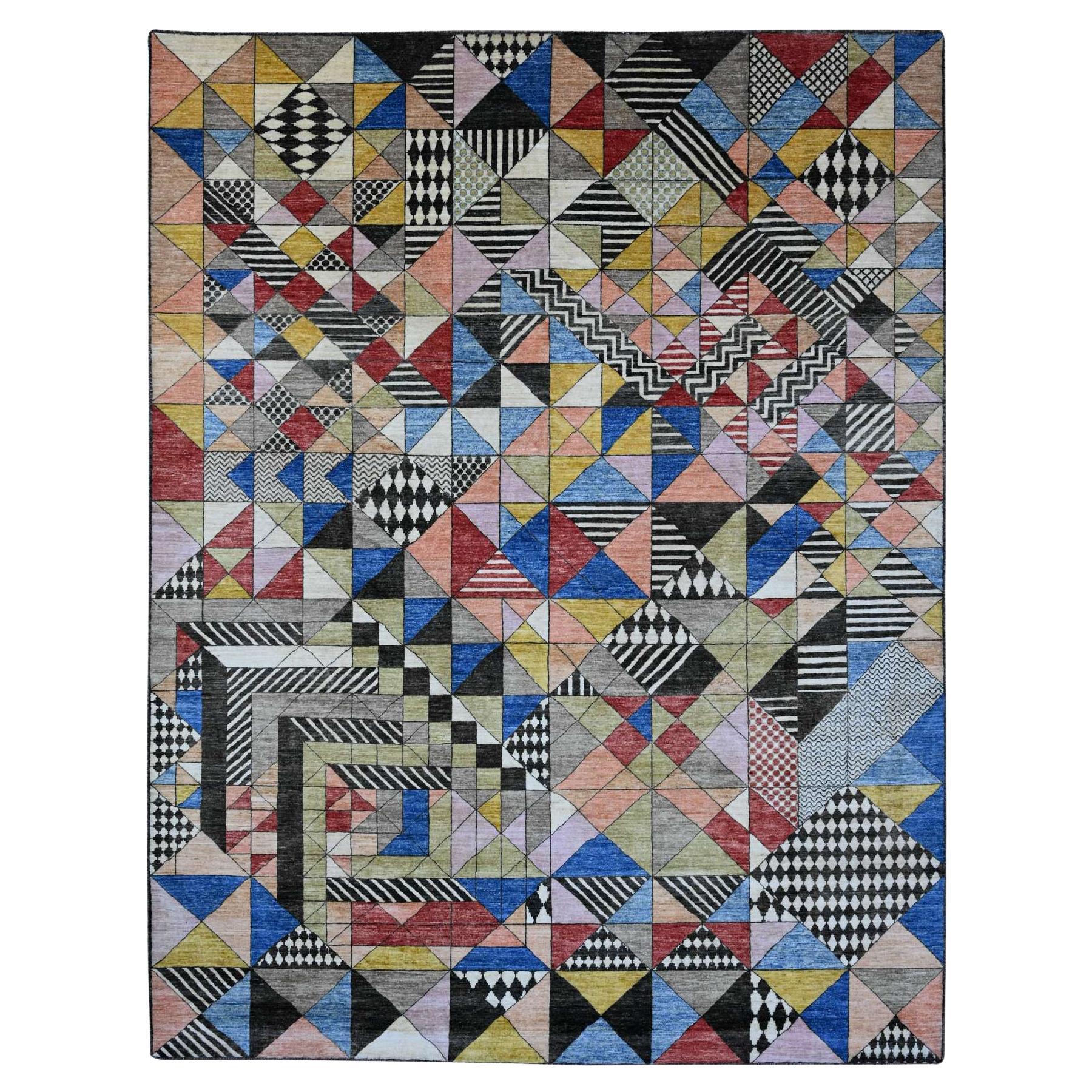 8'10"x11'9" Colorful Bauhaus Inspired Design Hand Knotted Pure Wool Oriental Rug