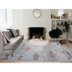 8'10"x11'9" Gray Pure Wool Peshawar Hand Knotted Oceanic Fish Oriental Rug