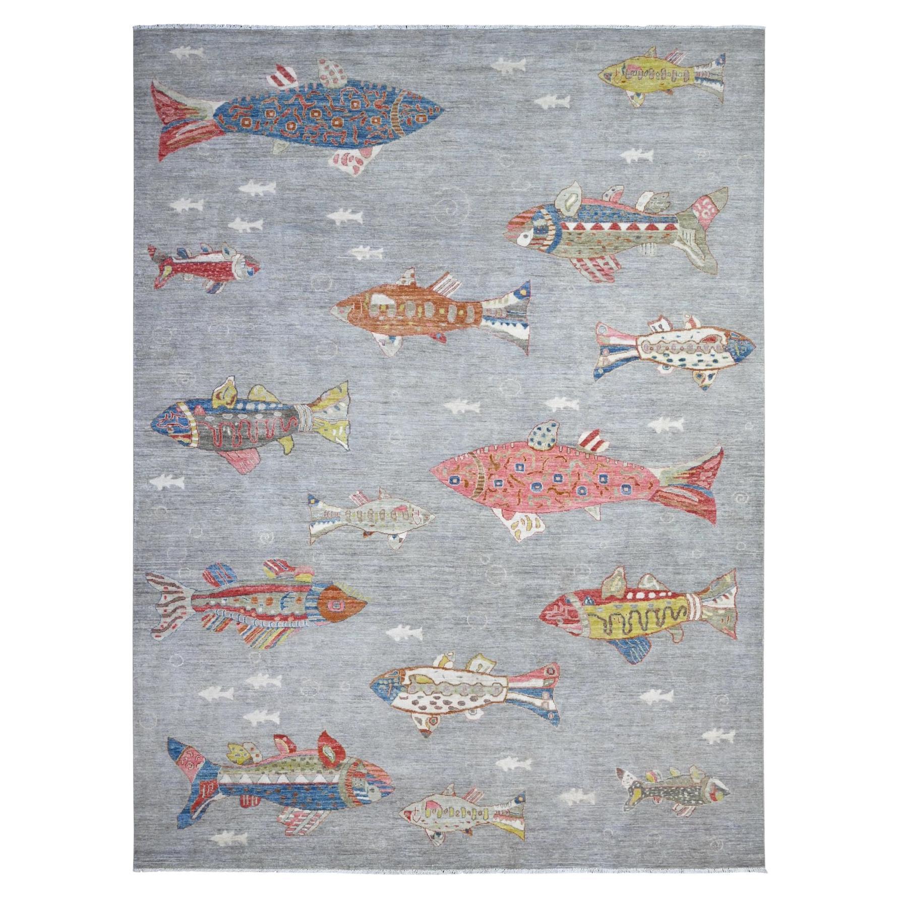 8'10 "x11'9" Grau Reine Wolle Peshawar Handgeknüpft Ozeanischer Fisch Orientteppich im Angebot