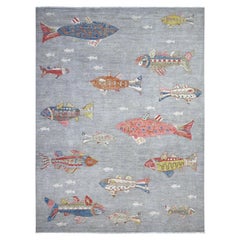 8'10 "x11'9" Grigio Pura Lana Peshawar Annodato a Mano Pesce Oceanico Tappeto Orientale