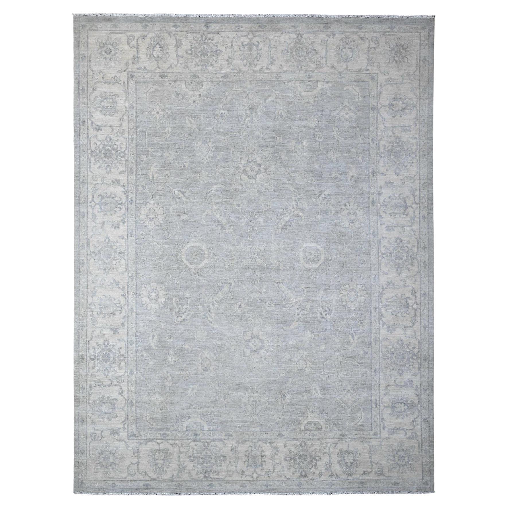 8'10 "x11'9" Alfombra Oriental Peshawar de Lana Gris Anudada a Mano Blanca Lavada Fina