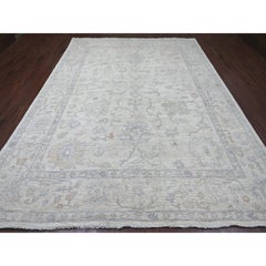 8'10"x11'9" Ivory Afghan Angora Oushak with Leaf Design Hand Knotted Wool Rug