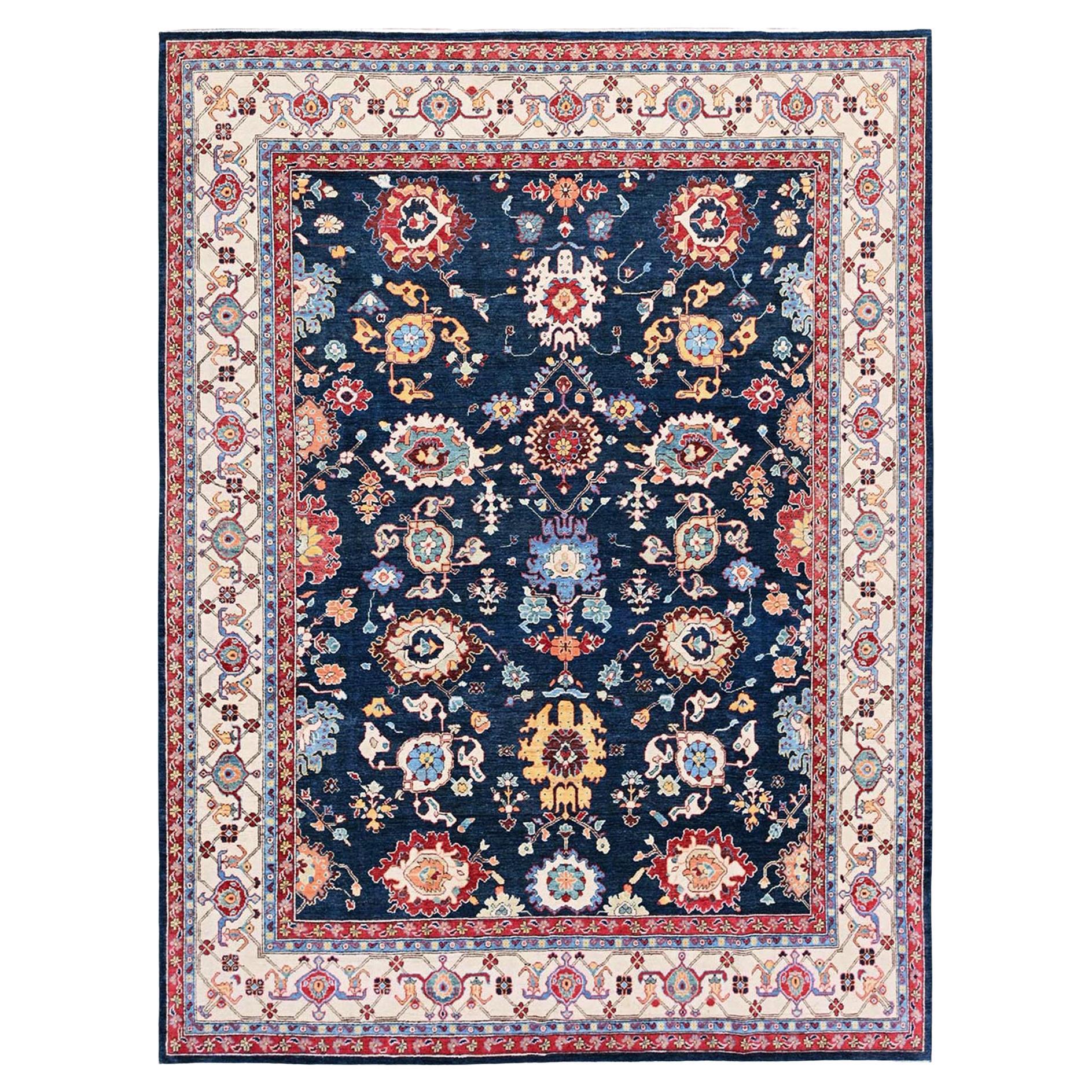 8
10 "x11
9" Marineblauer Peshawar Heriz All Over Design Weiche Wolle Handgeknüpfter Teppich im Angebot